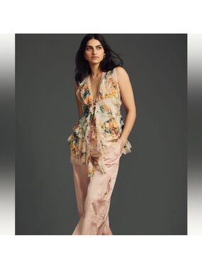 Anthropologie Floral Ruffle V-Neck Blouse in Cream, Yellow & Green